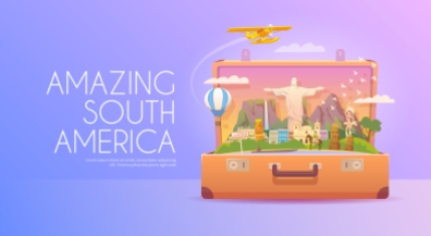 Trip to South America. Travel to South America. Vacation. Road trip. Tourism to South America. Travel banner. Open suitcase with landmarks. Travelling illustration. Wanderlust. Flat style. EPS 10